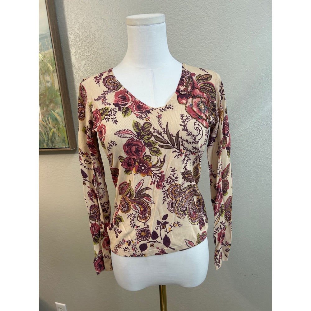 Vintage‎ Floral Beaded Detail Y2k Top cottagecore soft girl long sleeve Size 2
